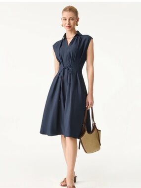 OGL Linen Sleeveless Navy Tie-Waist Dress S